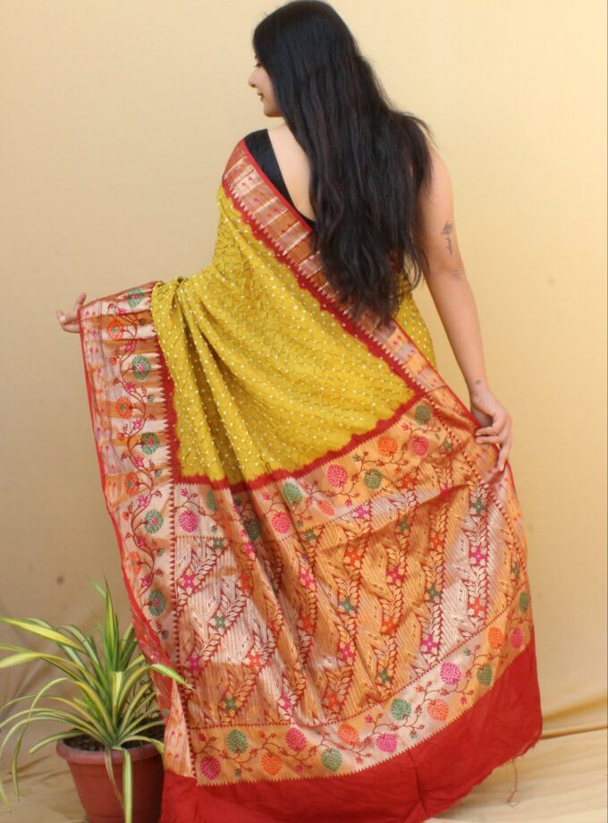 Dusty Yellow-Red Kanjivaram Dupion Art Silk Bandhej Saree