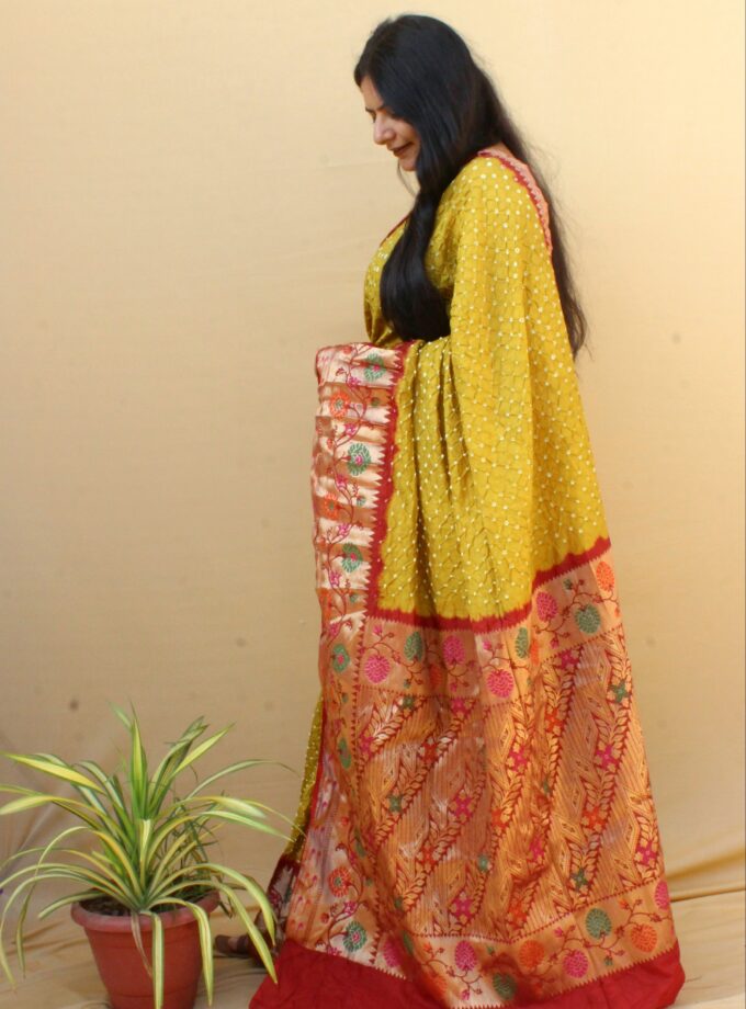 Dusty Yellow-Red Kanjivaram Dupion Art Silk Bandhej Saree