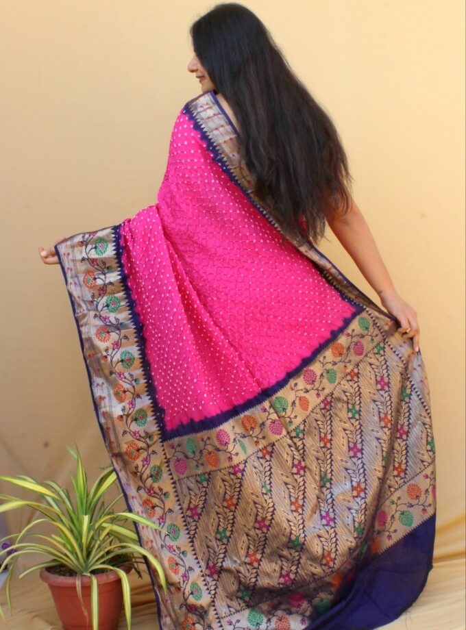 Pink-Navy Kanjivaram Dupion Art Silk Bandhej Saree