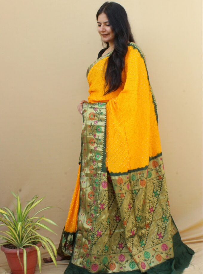 Yellow-Green Kanjivaram Dupion Art Silk Bandhej Saree