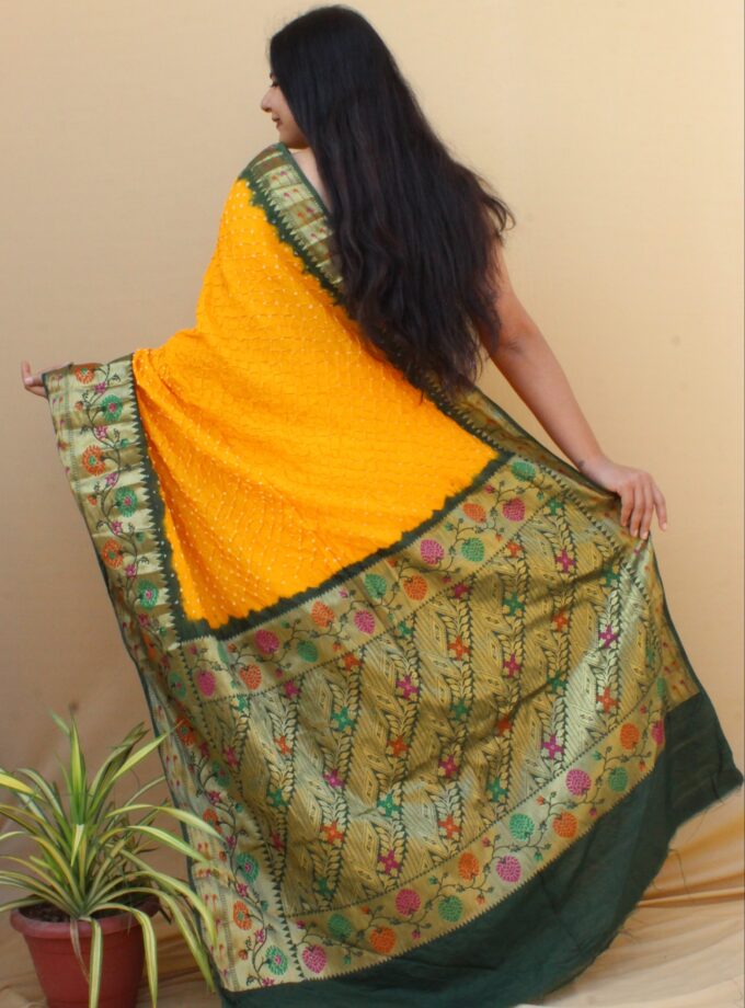 Yellow-Green Kanjivaram Dupion Art Silk Bandhej Saree
