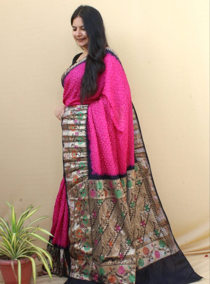Pink-Black Kanjivaram Dupion Art Silk Bandhej Saree