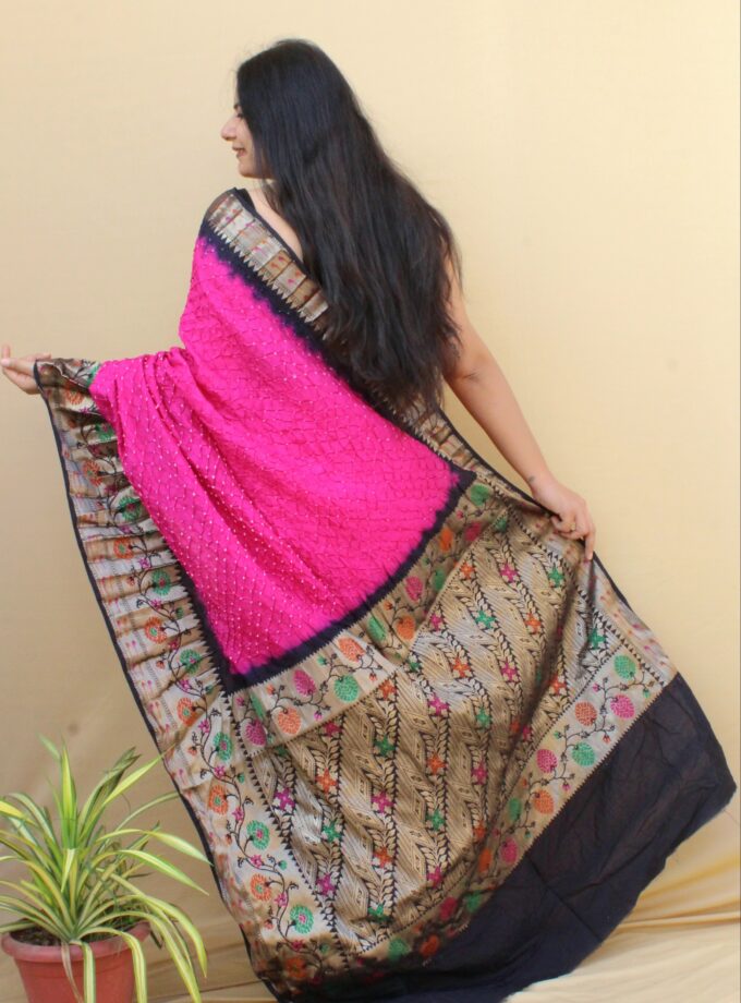 Pink-Black Kanjivaram Dupion Art Silk Bandhej Saree