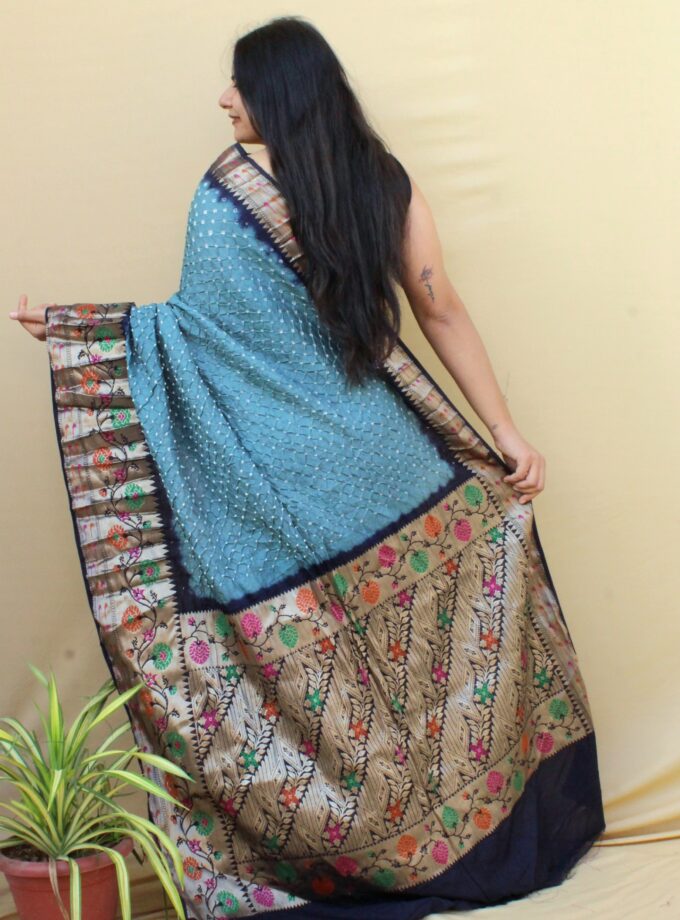 Grey-Black Kanjivaram Dupion Art Silk Bandhej Saree