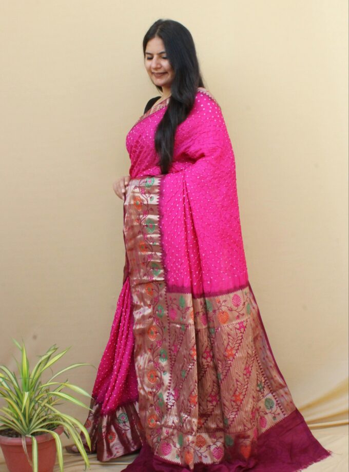 Pink-Onion Red Kanjivaram Dupion Art Silk Bandhej Saree