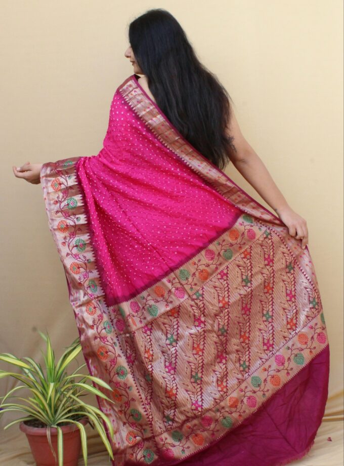 Pink-Onion Red Kanjivaram Dupion Art Silk Bandhej Saree