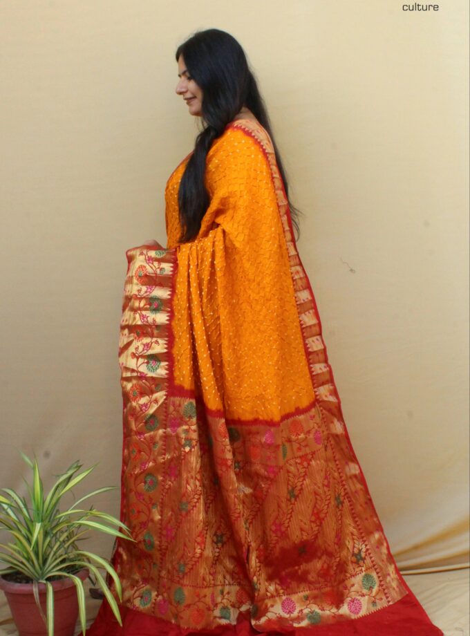 Yellow-Red Kanjivaram Dupion Art Silk Bandhej Saree