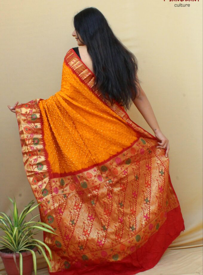 Yellow-Red Kanjivaram Dupion Art Silk Bandhej Saree