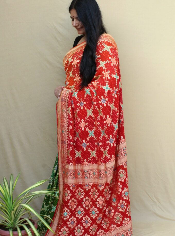 Red-Yellow-Green Meenakari Bandhej Saree