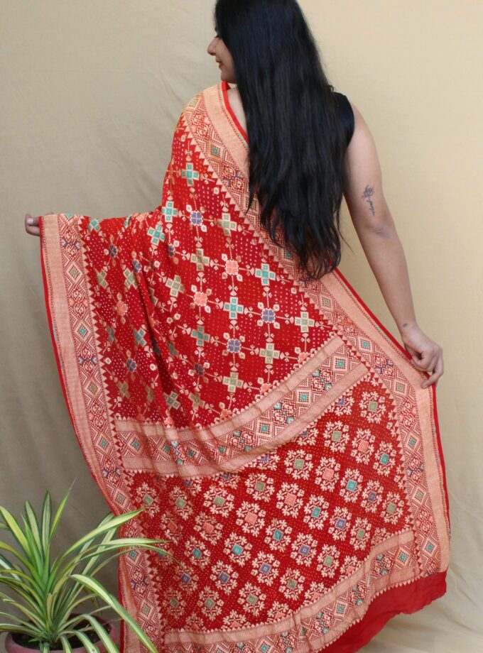 Red-Yellow-Green Meenakari Bandhej Saree